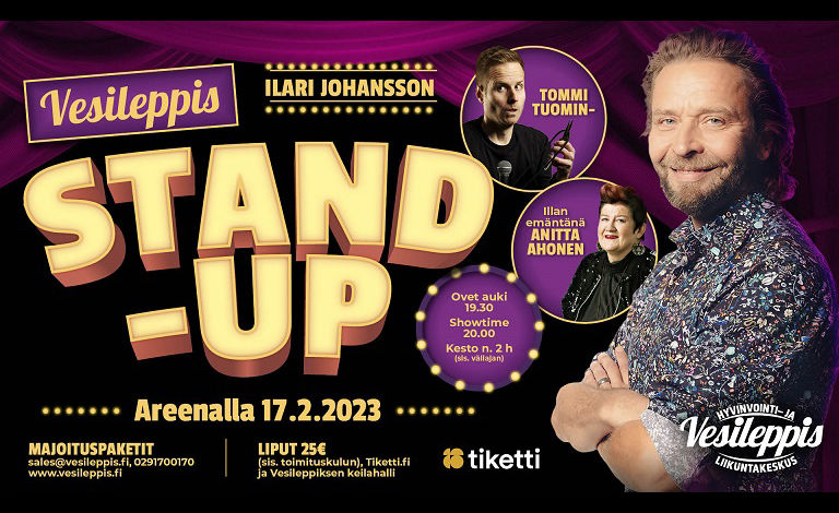 Vesileppis Stand Up: Ilari Johansson, Tommi Tuominen ja Anitta Ahonen Liput